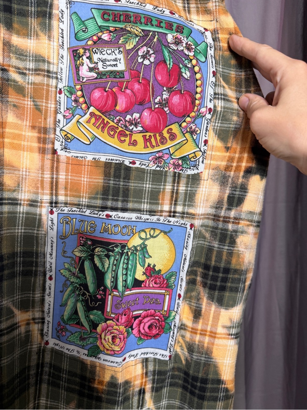 Up-cycled Plaid Flannel Shirt with Vintage Garden Graphic Patch Back - Picture 7 of 10